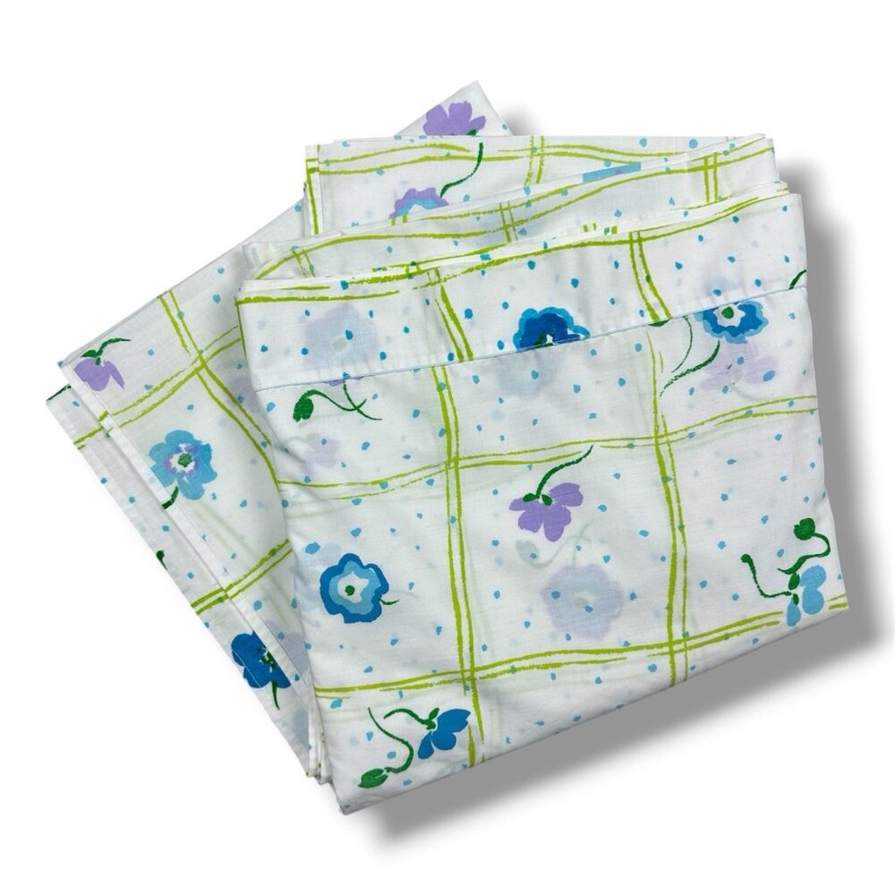 Vtg Cannon Monticello Twin Flat Sheet White Blue Floral Green No Iron Percale